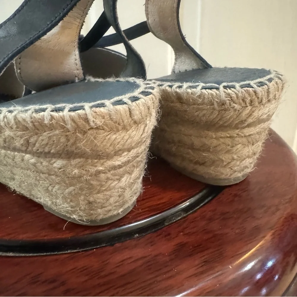 Andre Assous DAINTY Navy Blue Leather & Raffia Espadrilles Sandals 37